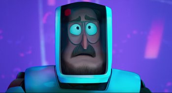 Movie still from “The Mitchells vs the Machines” (2021), directed by Jeff Rowe – A computer screen with a cartoon face on it; Close Up shot, Over the shoulder angle
