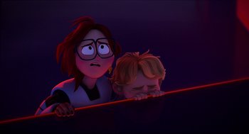 Movie still from “The Mitchells vs the Machines” (2021), directed by Jeff Rowe – An animated woman leaning over a ledge next to a boy; Medium shot, Low angle