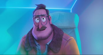 Movie still from “The Mitchells vs the Machines” (2021), directed by Jeff Rowe – An animated man wearing glasses and a purple jacket; Close Up shot, Over the shoulder angle