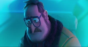 Movie still from “The Mitchells vs the Machines” (2021), directed by Jeff Rowe – An animated man wearing glasses and a beard; Close Up shot, Over the shoulder angle