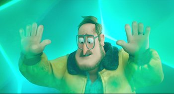 Movie still from “The Mitchells vs the Machines” (2021), directed by Jeff Rowe – An animated man in a yellow jacket with glasses; Medium shot, High angle
