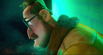 Movie still from “The Mitchells vs the Machines” (2021), directed by Jeff Rowe – A character's face in a green light; Close Up shot, Over the shoulder angle