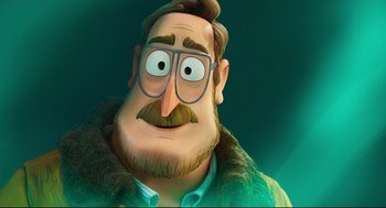 Movie still from “The Mitchells vs the Machines” (2021), directed by Jeff Rowe – An animated man wearing glasses and a fur coat; Close Up shot, Over the shoulder angle