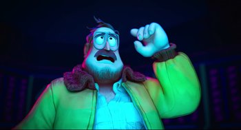 Movie still from “The Mitchells vs the Machines” (2021), directed by Jeff Rowe – An animated man with glasses and a beard; Close Up shot, Over the shoulder angle