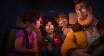 Movie still from “The Mitchells vs the Machines” (2021), directed by Jeff Rowe – A group of people sitting in a car; Medium shot, High angle