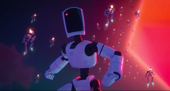Movie still from “The Mitchells vs the Machines” (2021), directed by Jeff Rowe – An animated robot with a computer monitor on its head; Extreme Wide shot, Low angle