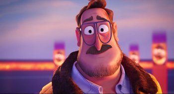 Movie still from “The Mitchells vs the Machines” (2021), directed by Jeff Rowe – An image of an animated man with a beard and glasses; Close Up shot, Over the shoulder angle