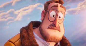 Movie still from “The Mitchells vs the Machines” (2021), directed by Jeff Rowe – An animated man with a beard and glasses; Close Up shot, Over the shoulder angle