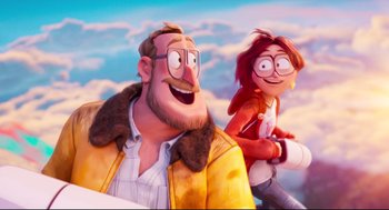 Movie still from “The Mitchells vs the Machines” (2021), directed by Jeff Rowe – A man and a woman are standing next to each other; Medium shot, Over the shoulder angle