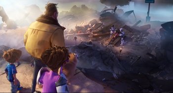 Movie still from “The Mitchells vs the Machines” (2021), directed by Jeff Rowe – A man and a woman looking at a group of robots; Extreme Wide shot, Over the shoulder angle