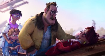 Movie still from “The Mitchells vs the Machines” (2021), directed by Jeff Rowe – An animated man sitting at a table next to a red bag; Medium shot, Over the shoulder angle