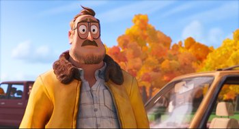 Movie still from “The Mitchells vs the Machines” (2021), directed by Jeff Rowe – An animated man with a beard and a mustache; Close Up shot, Over the shoulder angle