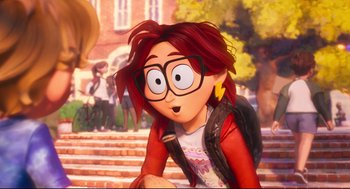 Movie still from “The Mitchells vs the Machines” (2021), directed by Jeff Rowe – An animated woman with glasses and a red jacket; Medium shot, Over the shoulder angle