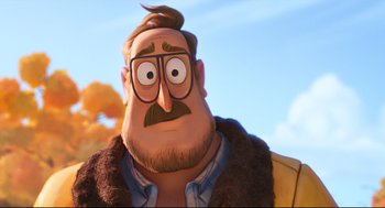Movie still from “The Mitchells vs the Machines” (2021), directed by Jeff Rowe – An animated man with a beard and mustache wearing glasses; Close Up shot, Over the shoulder angle