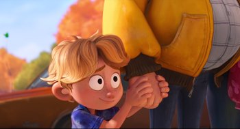 Movie still from “The Mitchells vs the Machines” (2021), directed by Jeff Rowe – A cartoon of a boy holding his father's hand; Medium shot, Over the shoulder angle