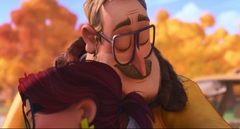 Movie still from “The Mitchells vs the Machines” (2021), directed by Jeff Rowe – An animated man with a beard and glasses; Close Up shot, Over the shoulder angle