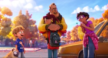 Movie still from “The Mitchells vs the Machines” (2021), directed by Jeff Rowe – A man holding a child in his arms while standing in front of a car; Wide shot, Over the shoulder angle