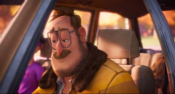 Movie still from “The Mitchells vs the Machines” (2021), directed by Jeff Rowe – An animated man with a beard and glasses in the backseat of a car; Close Up shot, Over the shoulder angle