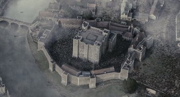 Movie still from “The Other Boleyn Girl” (2008), directed by Justin Chadwick – An aerial view of an old castle; Extreme Wide shot, High angle