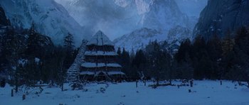 Movie still from “The Scorpion King” (2002), directed by Chuck Russell – A snowy landscape with a mountain in the background; Extreme Wide shot, Low angle