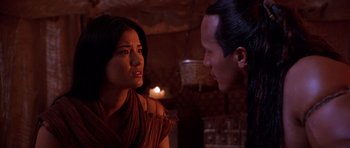 Movie still from “The Scorpion King” (2002), directed by Chuck Russell – A man and a woman talking to each other; Close Up shot, Over the shoulder angle