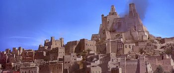 Movie still from “The Scorpion King” (2002), directed by Chuck Russell – An image of an old city in the middle of the day; Extreme Wide shot, Low angle