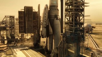 Movie still from “The Silent Sea” (2021), created by Choi Hang-Yong – An image of a space shuttle on the runway; Extreme Wide shot, Low angle