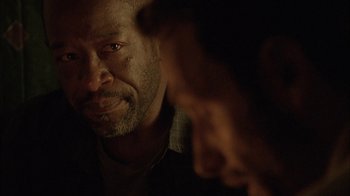 Movie still from “The Walking Dead” (2010), directed by Daniel Sackheim – A person looking at the camera; Close Up shot, Over the shoulder angle