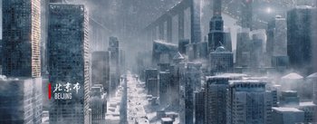 Movie still from “The Wandering Earth” (2019), directed by Frant Gwo – An image of a large city in the middle of the night; Extreme Wide shot, High angle