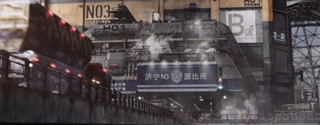 Movie still from “The Wandering Earth” (2019), directed by Frant Gwo – Smoke billows from a train on a train track; Extreme Wide shot, Low angle