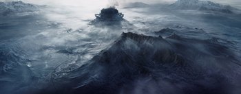 Movie still from “The Wandering Earth” (2019), directed by Frant Gwo – An image of an alien ship in the water; Extreme Wide shot, High angle