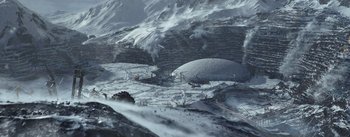 Movie still from “The Wandering Earth” (2019), directed by Frant Gwo – An aerial view of a snow covered landscape; Extreme Wide shot, High angle