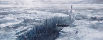 Movie still from “The Wandering Earth” (2019), directed by Frant Gwo – An airplane is flying over a frozen lake; Extreme Wide shot, High angle