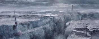 Movie still from “The Wandering Earth” (2019), directed by Frant Gwo – A view of a large cliff in the middle of the ocean; Extreme Wide shot, High angle