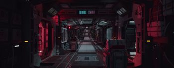 Movie still from “The Wandering Earth” (2019), directed by Frant Gwo – A hallway in a space station with lights on the ceiling; Extreme Wide shot, High angle