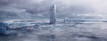 Movie still from “The Wandering Earth” (2019), directed by Frant Gwo – An icy landscape with a tower in the middle of it; Extreme Wide shot, High angle