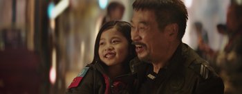 Movie still from “The Wandering Earth” (2019), directed by Frant Gwo – A man and a little girl smiling for the camera; Close Up shot, Over the shoulder angle