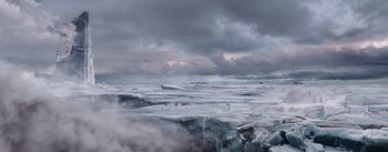 Movie still from “The Wandering Earth” (2019), directed by Frant Gwo – A group of people standing on top of an island; Extreme Wide shot, High angle
