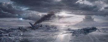 Movie still from “The Wandering Earth” (2019), directed by Frant Gwo – An image of an airplane that is flying in the sky; Extreme Wide shot, High angle