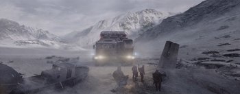 Movie still from “The Wandering Earth” (2019), directed by Frant Gwo – A group of men standing around a truck in the snow; Extreme Wide shot, High angle
