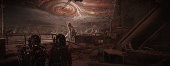 Movie still from “The Wandering Earth” (2019), directed by Frant Gwo – An image of a painting of a space scene; Extreme Wide shot, High angle