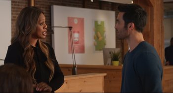 Movie still from “Can You Keep a Secret?” (2019), directed by Elise Durán – A man and a woman talking to each other; Medium shot, Over the shoulder angle