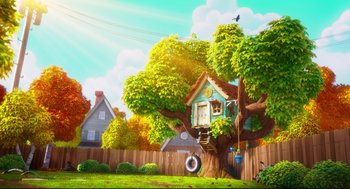 Movie still from “Captain Underpants: The First Epic Movie” (2017), directed by David Soren – An animated tree with a house on top of it; Extreme Wide shot, Low angle