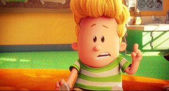 Movie still from “Captain Underpants: The First Epic Movie” (2017), directed by David Soren – A cartoon character with a sad look on his face; Close Up shot, Over the shoulder angle