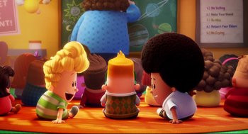 Movie still from “Captain Underpants: The First Epic Movie” (2017), directed by David Soren – A group of children sitting around a table with a candle; Wide shot, Over the shoulder angle