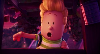 Movie still from “Captain Underpants: The First Epic Movie” (2017), directed by David Soren – A person with a surprised expression on their face; Close Up shot, Over the shoulder angle