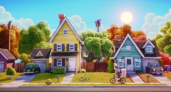 Movie still from “Captain Underpants: The First Epic Movie” (2017), directed by David Soren – An animated scene of a house with a bicycle rider and a dog; Extreme Wide shot, High angle