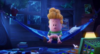Movie still from “Captain Underpants: The First Epic Movie” (2017), directed by David Soren – A character sitting on a blue hammock in a room; Wide shot, High angle