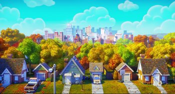 Movie still from “Captain Underpants: The First Epic Movie” (2017), directed by David Soren – A painting of houses in the middle of a city; Extreme Wide shot, High angle