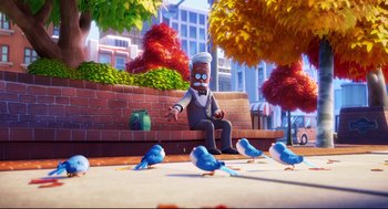 Movie still from “Captain Underpants: The First Epic Movie” (2017), directed by David Soren – A person sitting on a bench next to a bunch of birds; Wide shot, Low angle